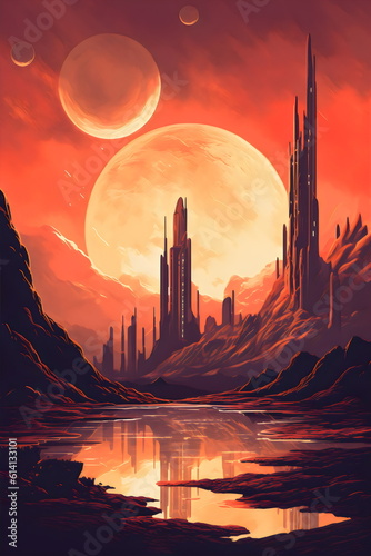 vintage sci-fi painting of orange alien planet surface landscape with moons, made with generative ai 