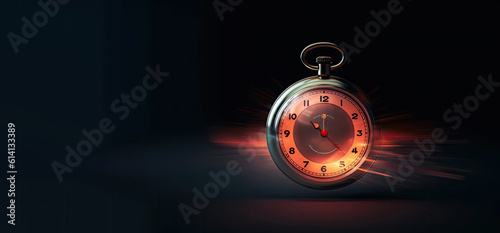 One Pocket watch overlaid with rays of red light. Time and countdown concept banner.