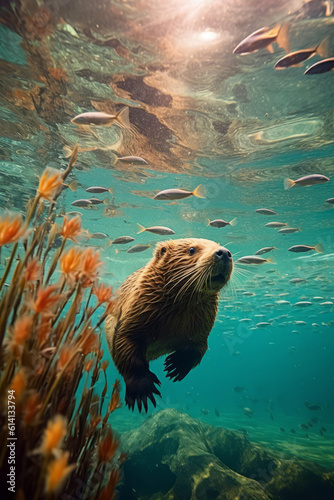 Beaver swimming underwater water together with fishes