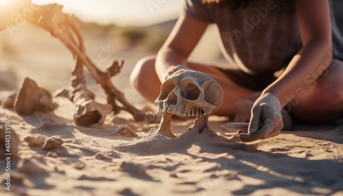 Photographie Archaeology  excavation of remains of skull and bones of a hominid in an archaeological site in the desert