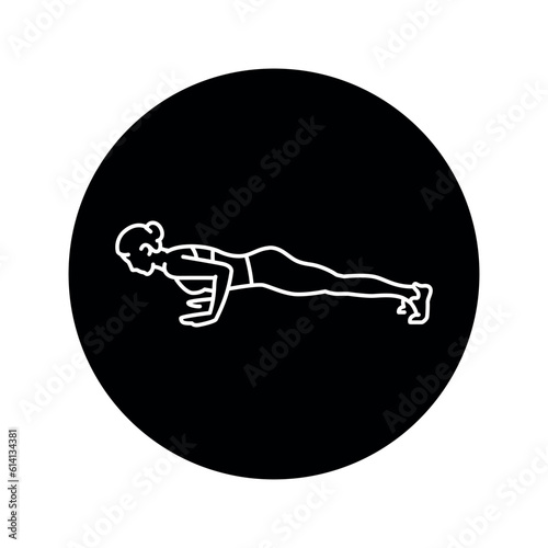 Girl is doing push ups black line icon.