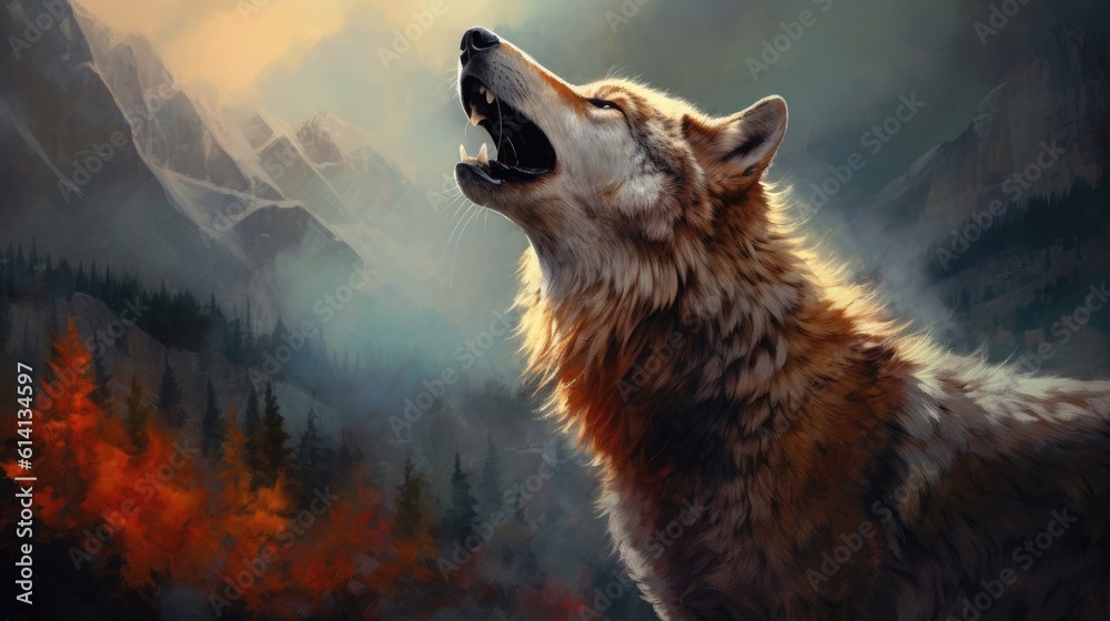 Fototapeta The wolf howling on the mountaintop
