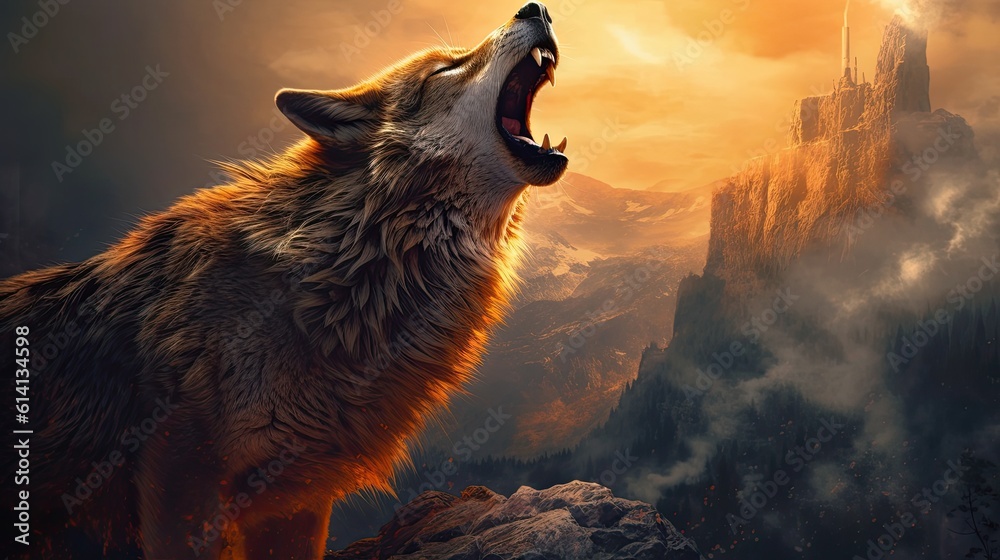 Fototapeta The wolf howling on the mountaintop