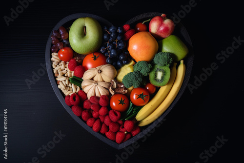 Bowl with lots of vegetables and fruits with heart shape on a dark background. Eat healthy. Generative AI