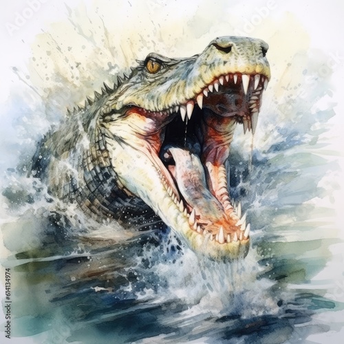 Watercolor Crocodile with wide open mouth in the water