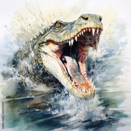 Watercolor Crocodile with wide open mouth in the water © Eiteadept