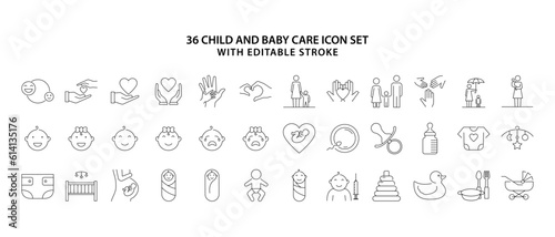 Fényképezés Set of line icons related to child care