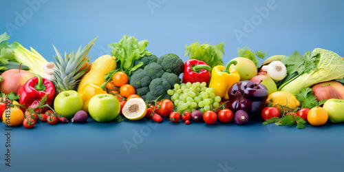 Fruits and vegetables in a blue background. Generative AI