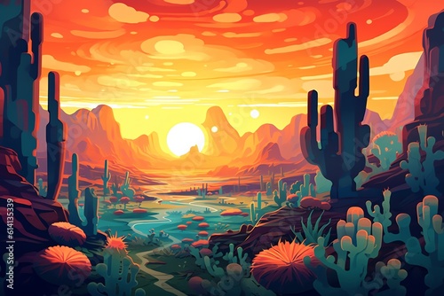 A surreal desert landscape with towering twisted cactus wallpaper