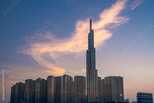 Sunset at Landmark 81 with warm sunshine