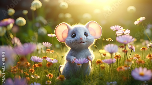 Cute cartoon mouse in peaceful garden for background or wallpaper © Absent Satu