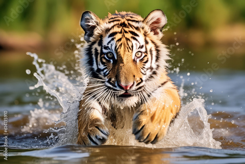 Tablou canvas Little bengal tiger (Panthera Tigris) running in river