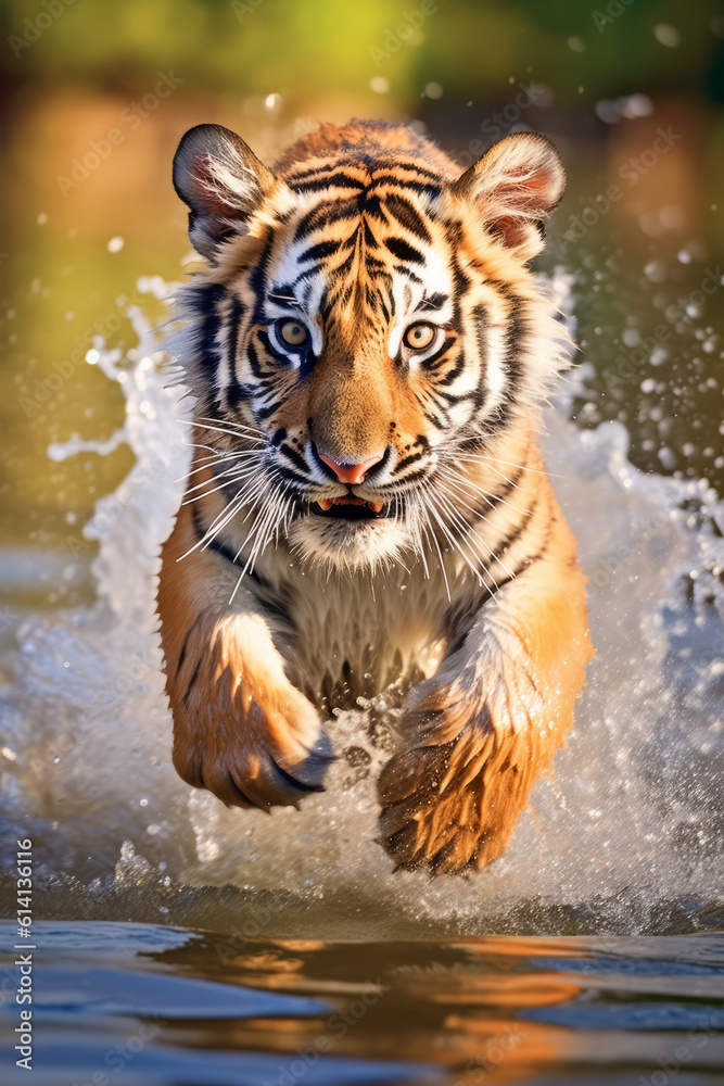 Little bengal tiger (Panthera Tigris) running in river
