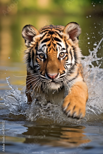 Little bengal tiger  Panthera Tigris  running in river