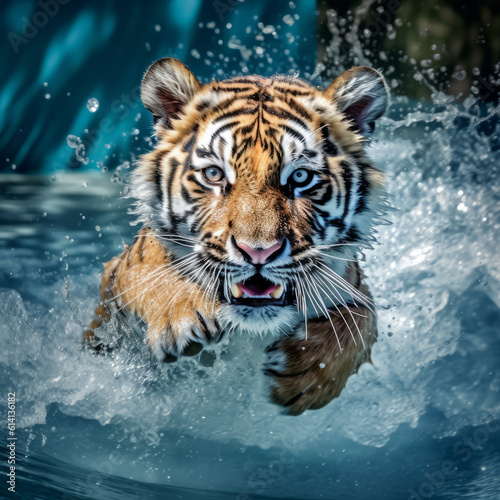Little bengal tiger (Panthera Tigris) running in river