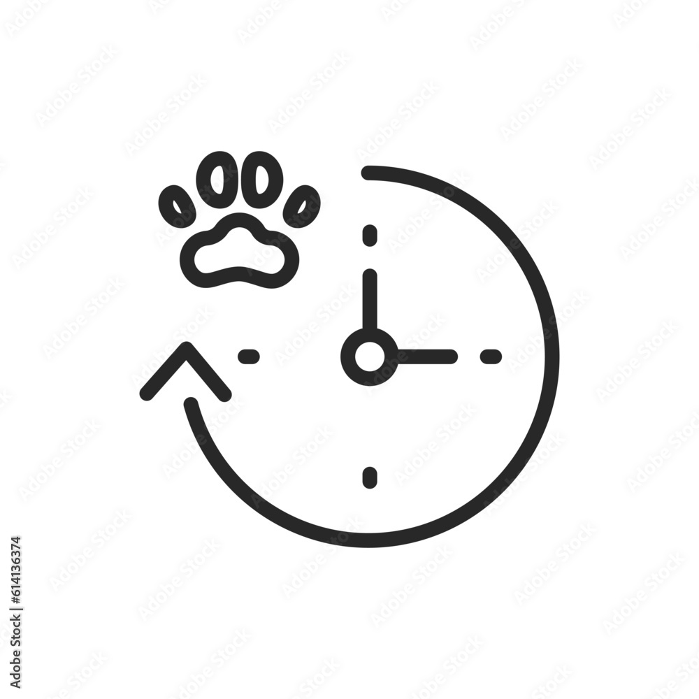 Veterinary Clinic Business Hours Icon. Vector Outline Editable Sign of Paw Symbol on Clock, Ideal for Vet Clinics, Websites, Scheduling Appointments Veterinary Clinic Business Hours Icon. Vector Outline Editable Sign of Paw Symbol on Clock, Ideal for Vet Clinics, Websites, Scheduling Appointments