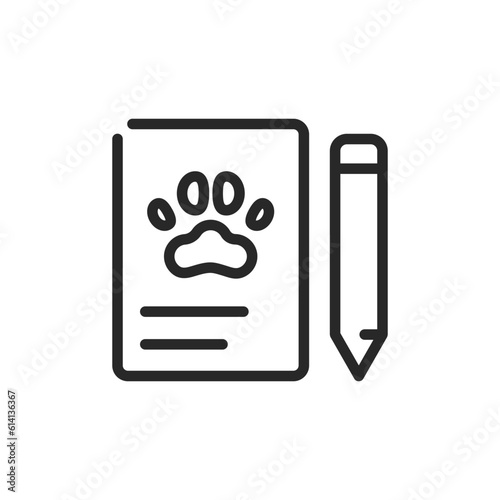 Vet Clinic Registration Icon. Vector Outline Editable Sign of Paper and Pencil Symbolizing Animal Health Care Enrollment Form. Veterinary Appointment Sign-Up.