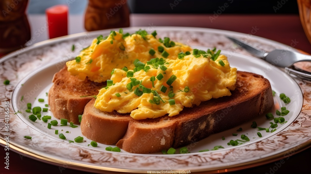 scrambled eggs on toast on a pretty breakfast plate scrambled eggs on toast on a pretty breakfast plate