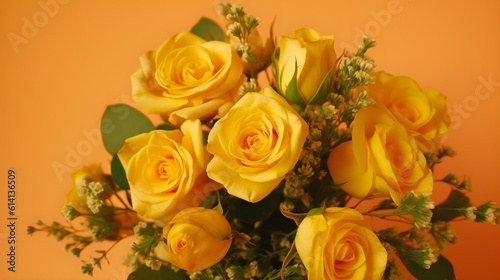a beautiful topview shot of a yellow bouquet roses in a yellow environment