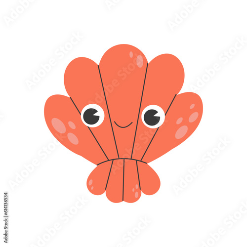 Illustrations with a happy red shell with cute eyes and a kawaii smile on a white background in cartoon style. Red clam icon for kids design. Vector stock illustration isolated on white background.