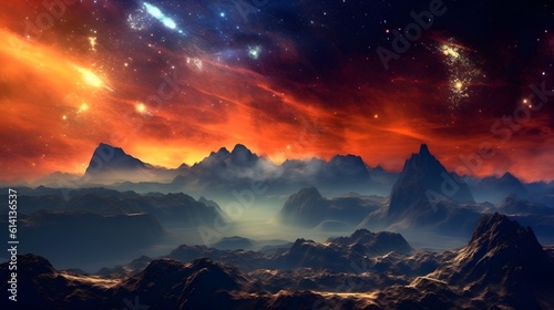 3D abstract bright galaxy nebula sky above hills and canyons space background