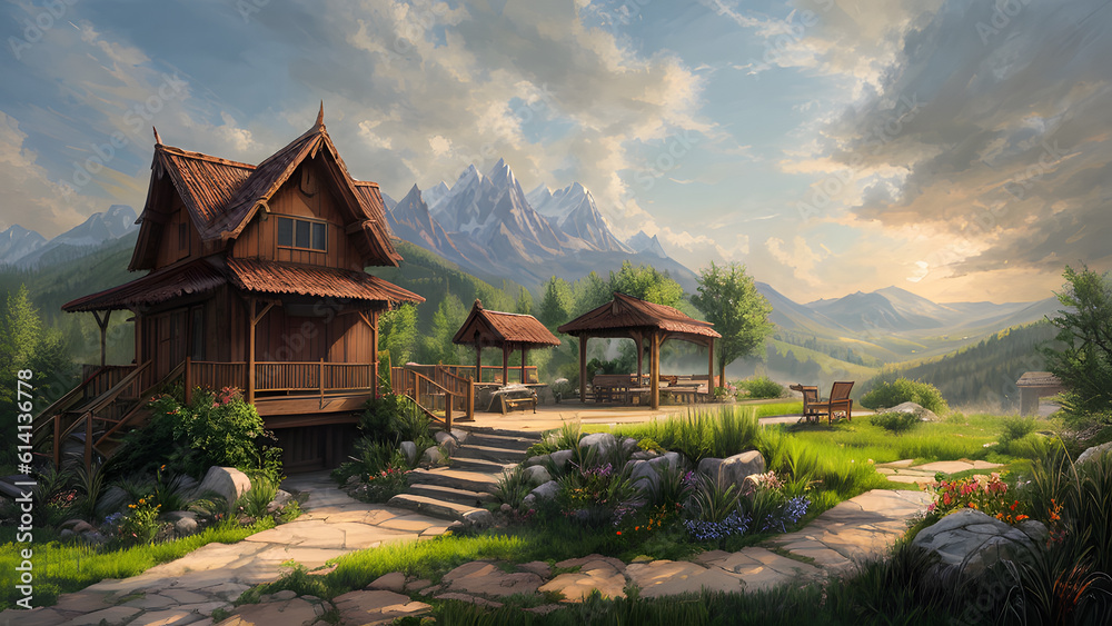 Idyllic countryside environment. Digital art. Fantasy art. Digital manipulation. 3D Environment. 3D Illustration