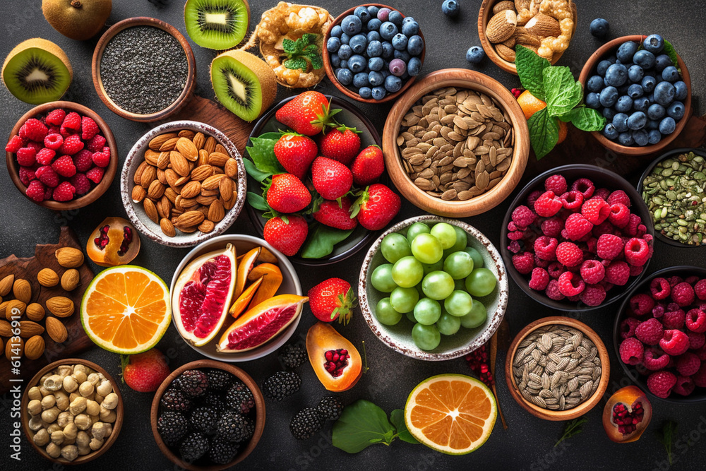Selection of healthy food. Superfoods, various fruits and assorted berries, nuts and seeds. Generative AI