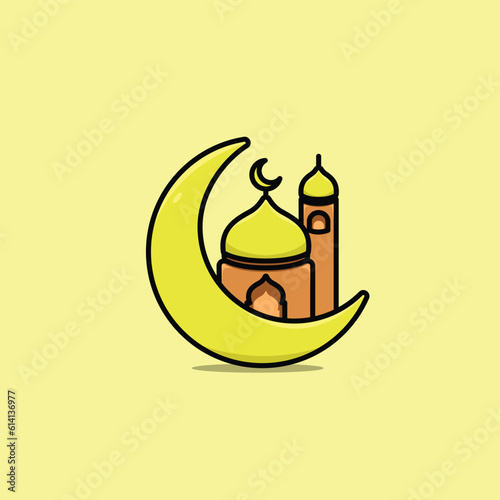 Mosque moon simple cartoon illustration islamic concept photo