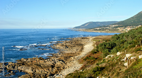 Coastal landscape on the Portuguese Way of Saint James, along the coast in Galicia