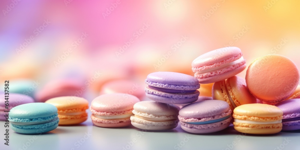 Banner macarons cookies, different colors, blurred background, colourful macaroons bisquits close-up. Banner macarons cookies, different colors, blurred background, colourful macaroons bisquits close-up.