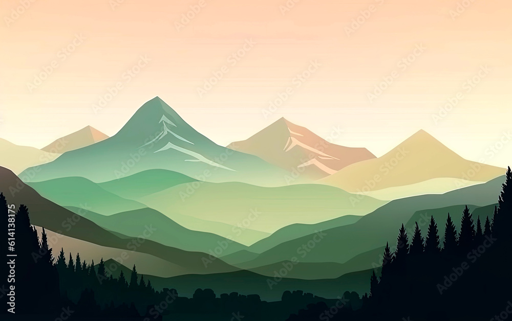 Naklejka premium Illustration design of wild mountains landscape. Design for banner, flyer or card. Generative AI.