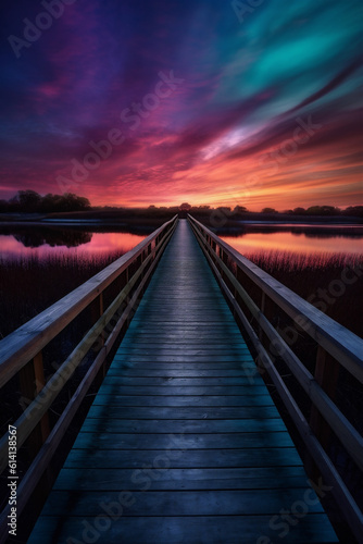 Closeup wooden plank road scene, beautiful view at evening twilight