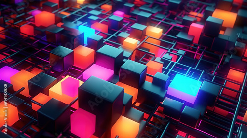 3d render, colored abstract background, geometric shapes, isometric, pattern, neon lights, Bright color. Generative Ai