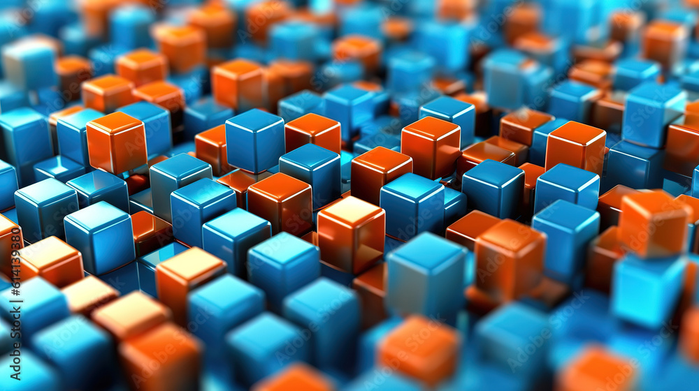 Blue and orange cubes on a blue - microchip shaped background. Generative Ai Blue and orange cubes on a blue - microchip shaped background. Generative Ai