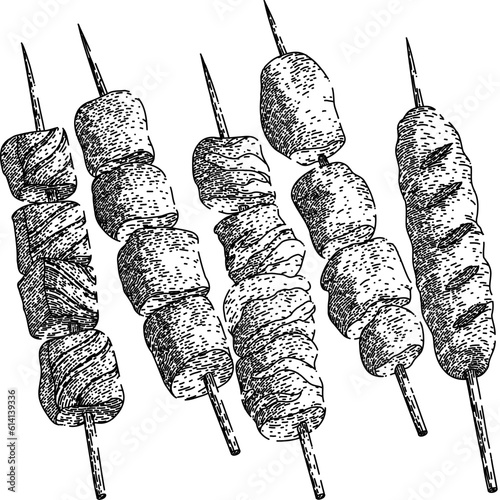 skewered food set hand drawn. meat meal, grill kebab, stick menu, cuisine grilled, traditional delicious skewered food vector sketch. isolated black illustration
