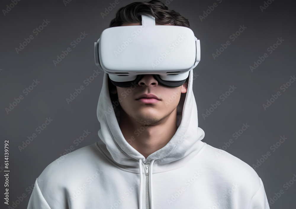 Portrait of a young man wearing virtual reality goggles, grey background. Future technology concept. created with generative AI technology. Portrait of a young man wearing virtual reality goggles, grey background. Future technology concept. created with generative AI technology.