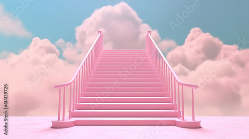 Abstract pastel pink color display Minimal background, Stair With Cloud on podium 3d rendering. Generative Ai
