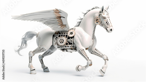white pegasus-Cyborg figurine  biomechanical  white background  studio photo 