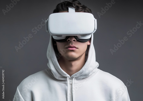 Portrait of a young man wearing virtual reality goggles, grey background. Future technology concept. created with generative AI technology. © hakule