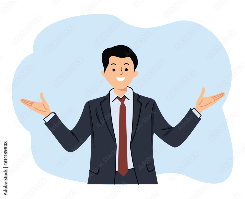 businessman smiling and raised both hands or presentation concept businessman smiling and raised both hands or presentation concept
