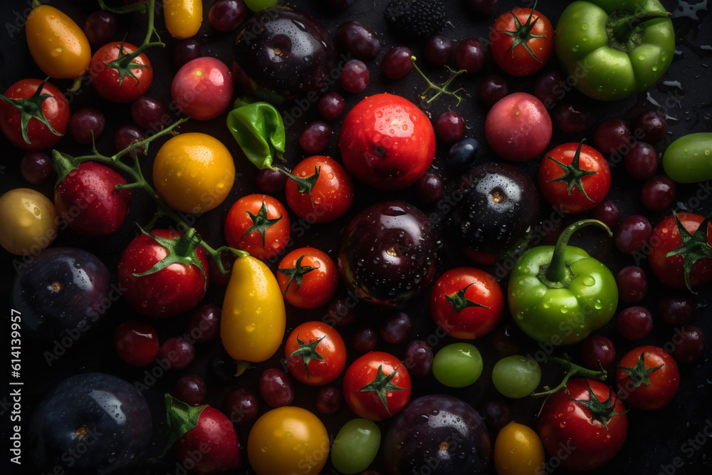 Closeup of fresh fruits and vegetables on black tabletop Closeup of fresh fruits and vegetables on black tabletop