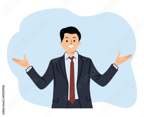businessman smiling and raised both hands or presentation concept