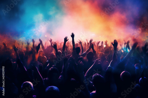 Crowd silhouettes cheering during a music concert
