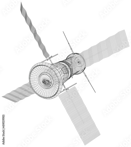 Space satellite communication. 3d sputnik illustration. Wireless satellite technology