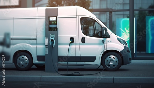 Canvas Print Electric delivery van with electric vehicles charging station