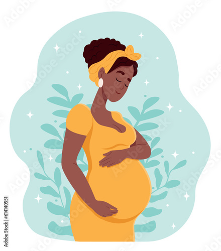 Happy african woman pregnant hugging her belly with her hands. Motherhood. Vector illustration in cute cartoon style.