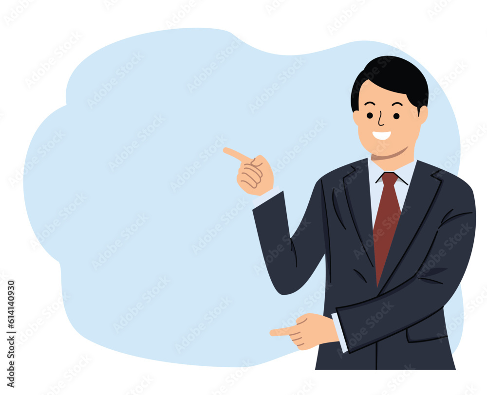 smiling businessman showing pointing finger to blank space smiling businessman showing pointing finger to blank space