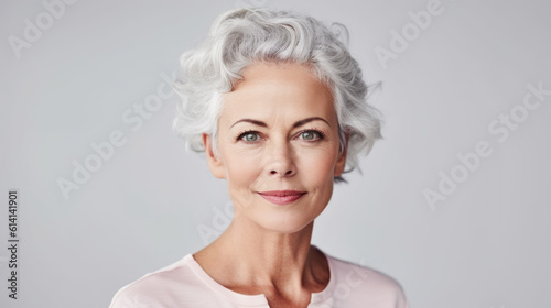 Beautiful mature woman looking at camera created with generative AI technology
