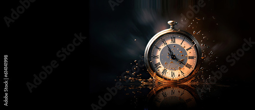 An old pocket watch with floating particles symbolizing the passing of time against a black background. Time and countdown concept banner. photo