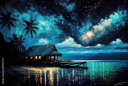 Lighted hut with black starry sky and stars reflecting on calm ocean water